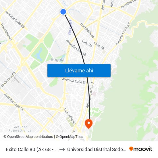 Éxito Calle 80 (Ak 68 - Ac 80) (A) to Universidad Distrital Sede Macarena B map