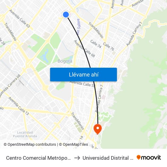 Centro Comercial Metrópolis (Ak 68 - Cl 76a) (A) to Universidad Distrital Sede Macarena B map