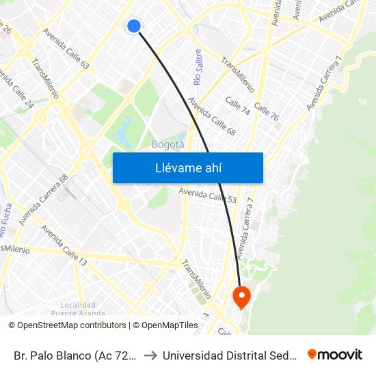 Br. Palo Blanco (Ac 72 - Ak 70) (A) to Universidad Distrital Sede Macarena B map