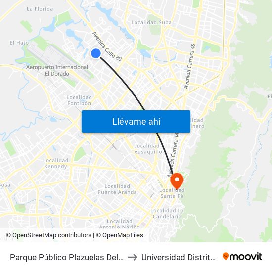 Parque Público Plazuelas Del Virrey (Ac 72 - Kr 105h) (A) to Universidad Distrital Sede Macarena B map