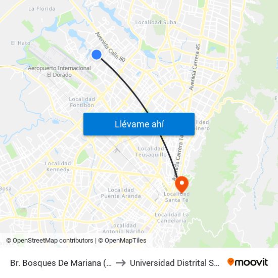 Br. Bosques De Mariana (Kr 106a - Cl 70f) to Universidad Distrital Sede Macarena B map