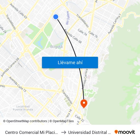 Centro Comercial Mi Placita (Ac 68 - Kr 65) (A) to Universidad Distrital Sede Macarena B map
