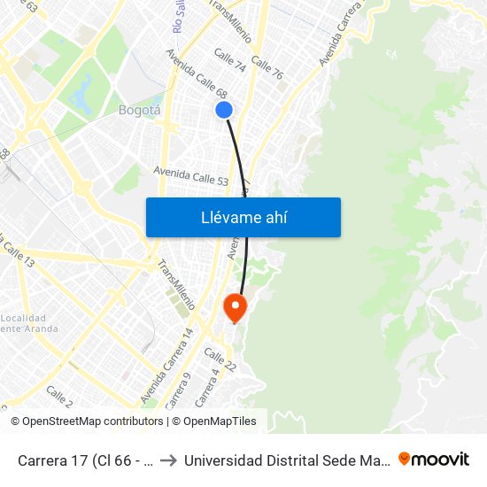 Carrera 17 (Cl 66 - Kr 17) to Universidad Distrital Sede Macarena B map