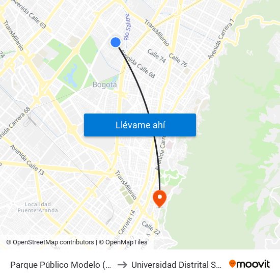Parque Público Modelo (Ac 68 - Kr 57) (A) to Universidad Distrital Sede Macarena B map