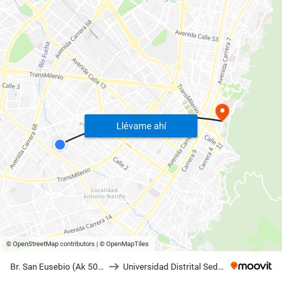 Br. San Eusebio (Ak 50 - Dg 16 Sur) to Universidad Distrital Sede Macarena B map