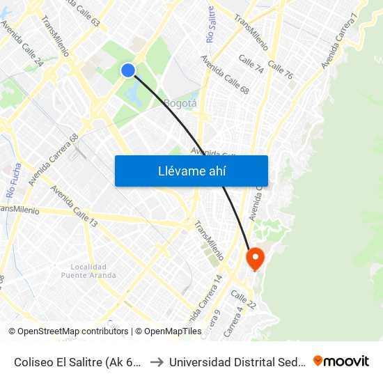 Coliseo El Salitre (Ak 68 - Ac 63) (A) to Universidad Distrital Sede Macarena B map