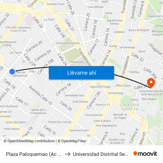 Plaza Paloquemao (Ac 19 - Kr 27) (A) to Universidad Distrital Sede Macarena B map