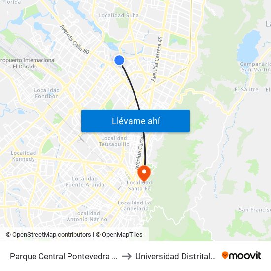 Parque Central Pontevedra (Av. Boyacá - Cl 97) (A) to Universidad Distrital Sede Macarena B map