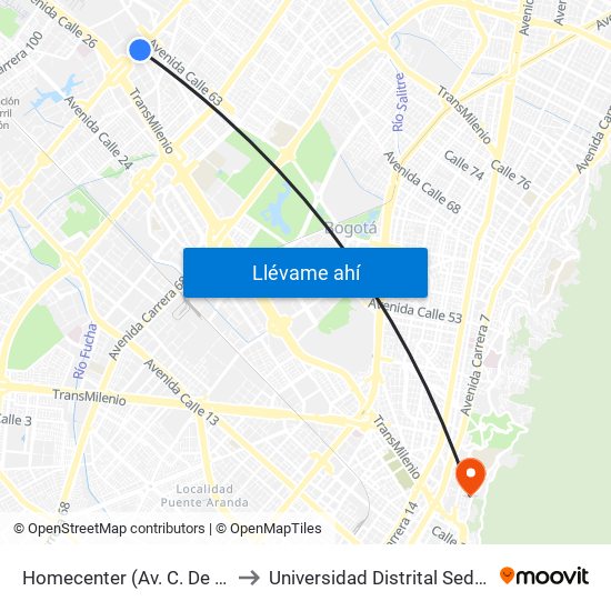 Homecenter (Av. C. De Cali - Cl 52a) to Universidad Distrital Sede Macarena B map