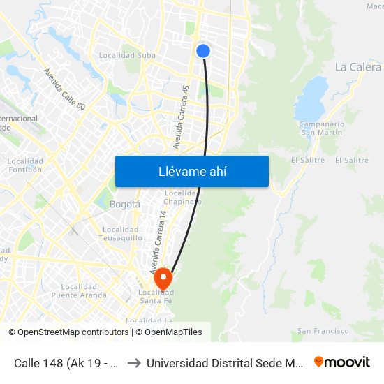 Calle 148 (Ak 19 - Cl 148) to Universidad Distrital Sede Macarena B map