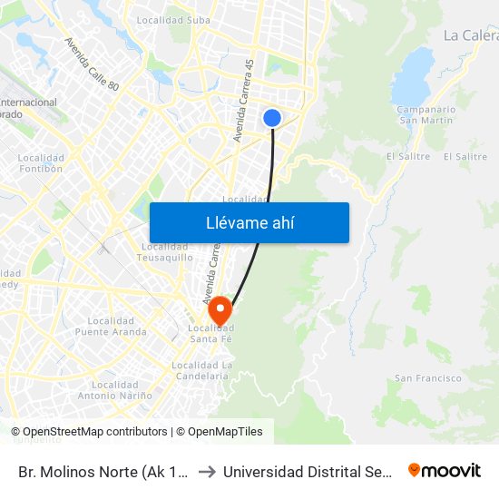 Br. Molinos Norte (Ak 15 - Cl 106) (A) to Universidad Distrital Sede Macarena B map