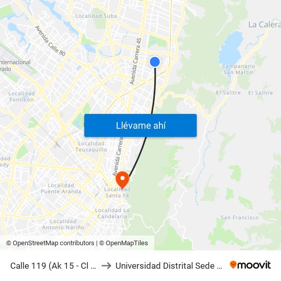 Calle 119 (Ak 15 - Cl 118a) (A) to Universidad Distrital Sede Macarena B map