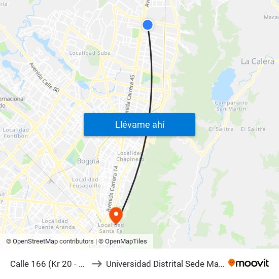 Calle 166 (Kr 20 - Cl 166) to Universidad Distrital Sede Macarena B map