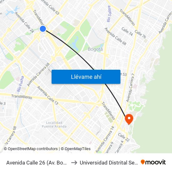Avenida Calle 26 (Av. Boyacá - Ac 26) (A) to Universidad Distrital Sede Macarena B map
