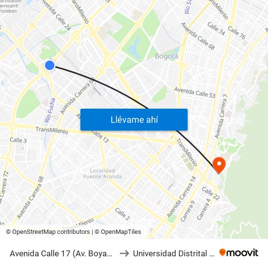 Avenida Calle 17 (Av. Boyacá - Av. Centenario) (A) to Universidad Distrital Sede Macarena B map