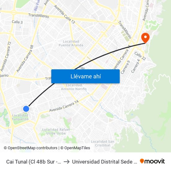 Cai Tunal (Cl 48b Sur - Kr 24) (A) to Universidad Distrital Sede Macarena B map