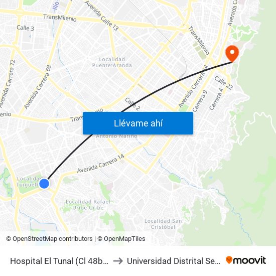 Hospital El Tunal (Cl 48b Sur - Kr 21) (A) to Universidad Distrital Sede Macarena B map