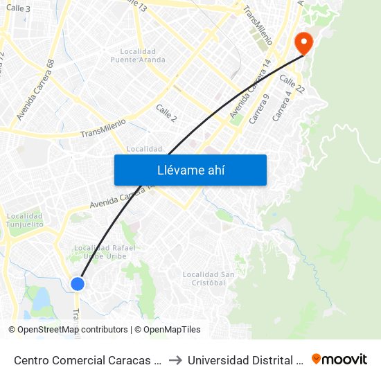 Centro Comercial Caracas (Cl 50a Sur - Kr 9) (A) to Universidad Distrital Sede Macarena B map