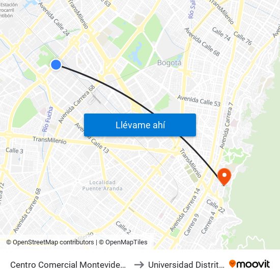 Centro Comercial Montevideo Plaza (Av. Boyacá - Cl 21) (A) to Universidad Distrital Sede Macarena B map