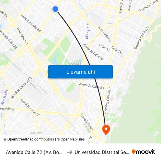 Avenida Calle 72 (Av. Boyacá - Ac 72) (A) to Universidad Distrital Sede Macarena B map