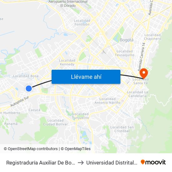 Registraduría Auxiliar De Bosa (Tv 78l - Dg 69c Sur) to Universidad Distrital Sede Macarena B map