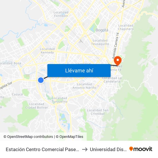 Estación Centro Comercial Paseo Villa Del Río - Madelena (Auto Sur - Kr 66a) to Universidad Distrital Sede Macarena B map