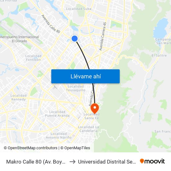 Makro Calle 80 (Av. Boyacá - Ac 80) (A) to Universidad Distrital Sede Macarena B map