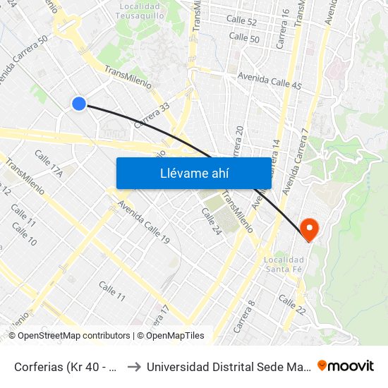 Corferias (Kr 40 - Cl 22b) to Universidad Distrital Sede Macarena B map