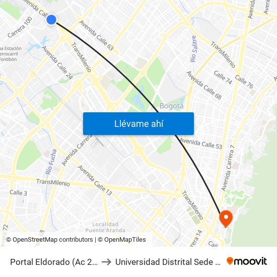 Portal Eldorado (Ac 26 - Ak 96) to Universidad Distrital Sede Macarena B map