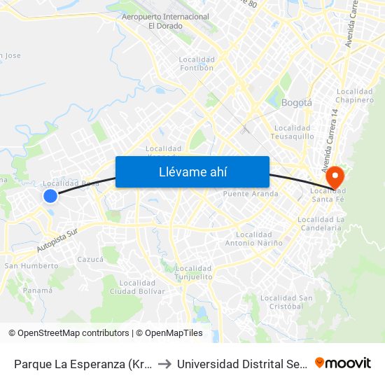 Parque La Esperanza (Kr 80j - Cl 75 Sur) to Universidad Distrital Sede Macarena B map