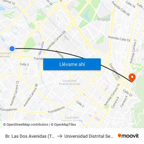 Br. Las Dos Avenidas (Tv 78c - Dg 7a) to Universidad Distrital Sede Macarena B map