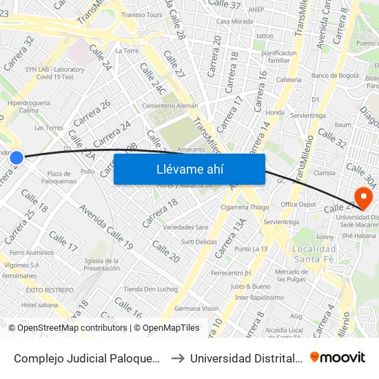 Complejo Judicial Paloquemao (Ac 19 - Kr 28a) (A) to Universidad Distrital Sede Macarena B map