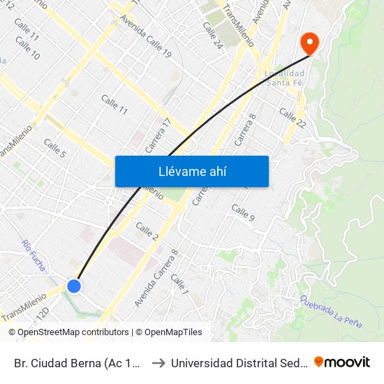 Br. Ciudad Berna (Ac 11 Sur - Kr 12c) to Universidad Distrital Sede Macarena B map