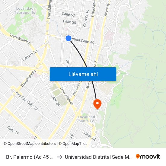 Br. Palermo (Ac 45 - Kr 20) to Universidad Distrital Sede Macarena B map