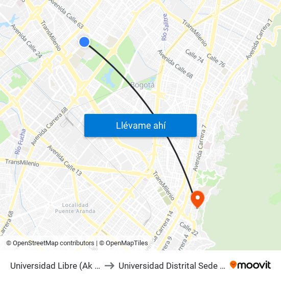 Universidad Libre (Ak 70 - Cl 54) to Universidad Distrital Sede Macarena B map