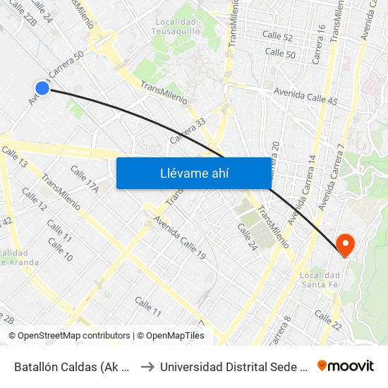 Batallón Caldas (Ak 50 - Cl 19) to Universidad Distrital Sede Macarena B map