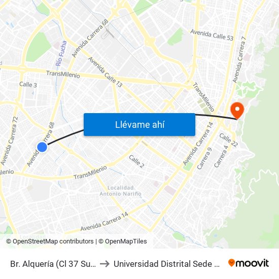 Br. Alquería (Cl 37 Sur - Kr 53) to Universidad Distrital Sede Macarena B map