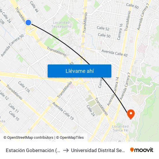 Estación Gobernación (Ac 26 - Kr 54) to Universidad Distrital Sede Macarena B map