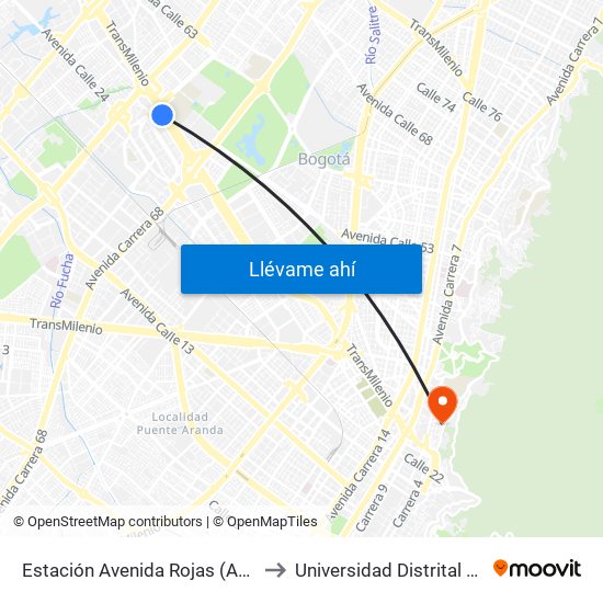 Estación Avenida Rojas (Ac 26 - Kr 69d Bis) (A) to Universidad Distrital Sede Macarena B map