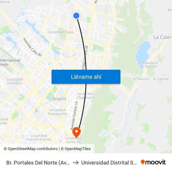 Br. Portales Del Norte (Av. Boyacá - Cl 163) to Universidad Distrital Sede Macarena B map