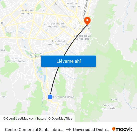 Centro Comercial Santa Librada (Av. Caracas - Cl 74c Sur) (A) to Universidad Distrital Sede Macarena B map