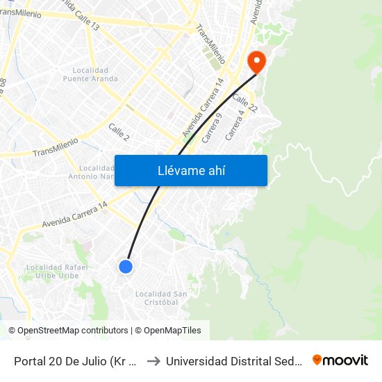 Portal 20 De Julio (Kr 5 - Cl 31 Sur) to Universidad Distrital Sede Macarena B map