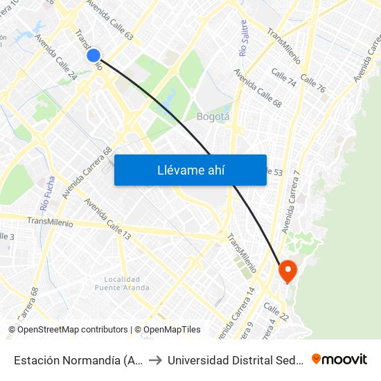 Estación Normandía (Ac 26 - Kr 74) to Universidad Distrital Sede Macarena B map