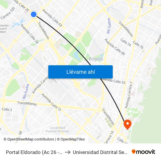 Portal Eldorado (Ac 26 - Av. C. De Cali) to Universidad Distrital Sede Macarena B map