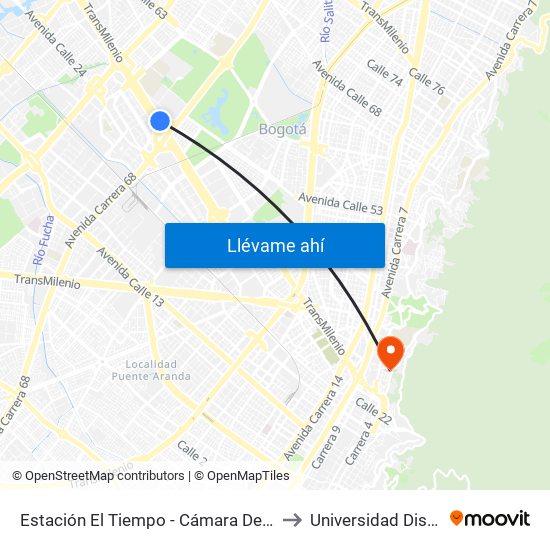 Estación El Tiempo - Cámara De Comercio De Bogotá (Ac 26 - Kr 68b Bis) to Universidad Distrital Sede Macarena B map