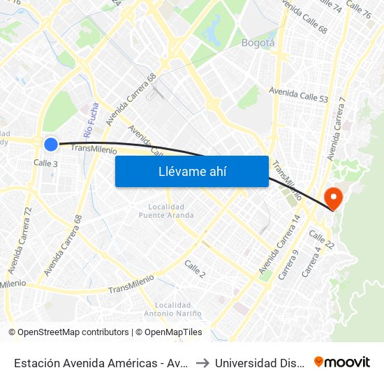 Estación Avenida Américas - Avenida Boyacá (Av. Américas - Kr 71b) (A) to Universidad Distrital Sede Macarena B map