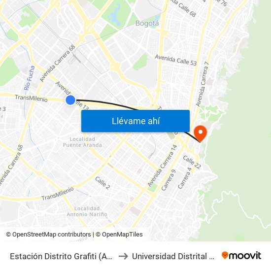 Estación Distrito Grafiti (Av. Américas - Kr 53a) to Universidad Distrital Sede Macarena B map