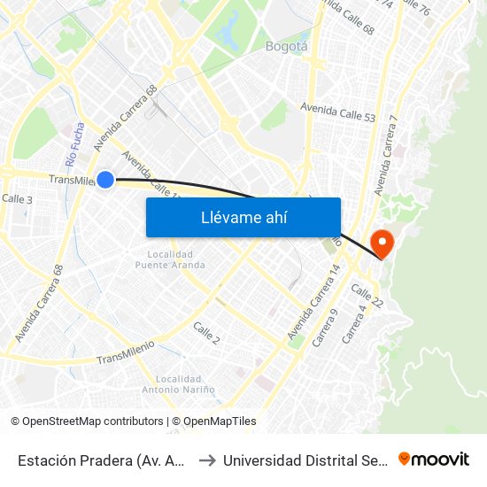 Estación Pradera (Av. Américas - Kr 65) to Universidad Distrital Sede Macarena B map