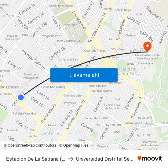 Estación De La Sabana (Ak 18 - Ac 13) to Universidad Distrital Sede Macarena B map