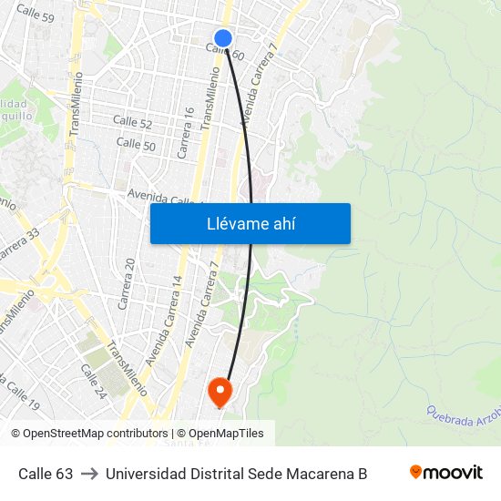 Calle 63 to Universidad Distrital Sede Macarena B map